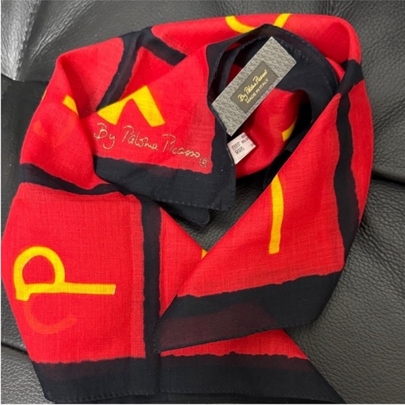 Paloma Picasso Red and Black Square Scarf with Yellow Letters